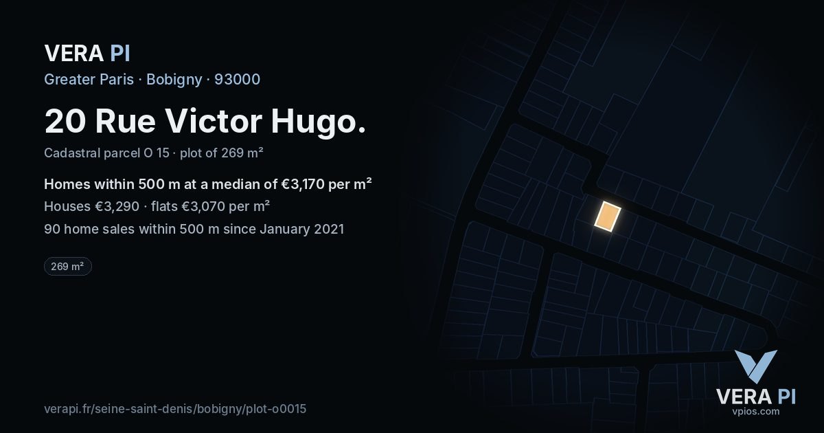 20 Rue Victor Hugo, Bobigny at night – the plot lit, the parcels around coloured by the prices near them