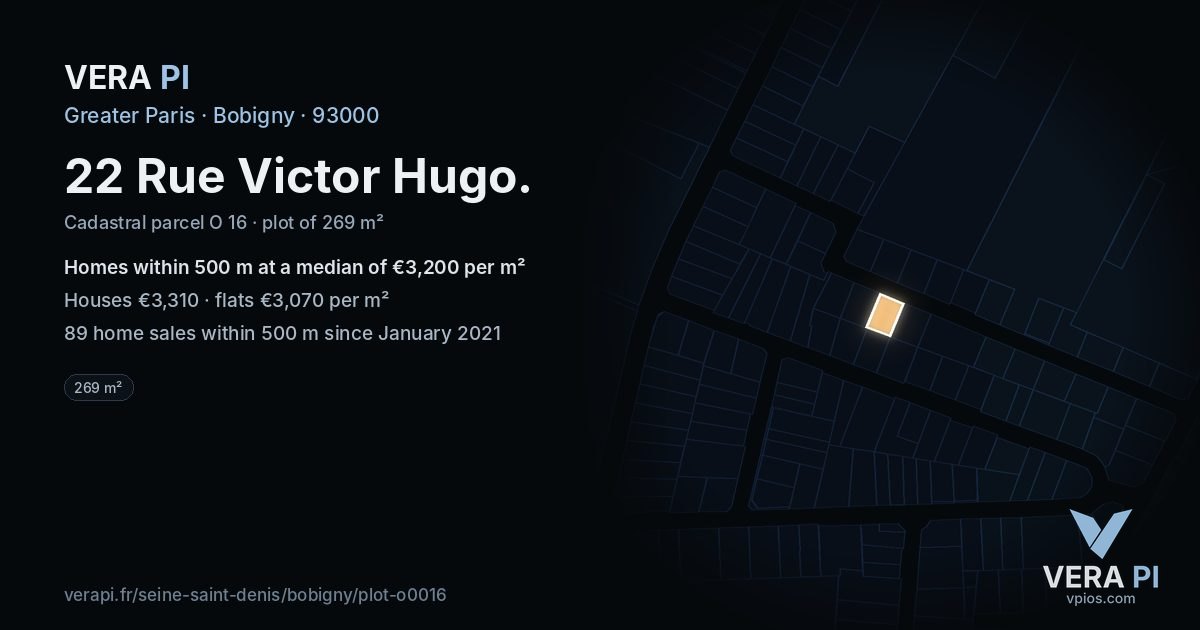22 Rue Victor Hugo, Bobigny at night – the plot lit, the parcels around coloured by the prices near them