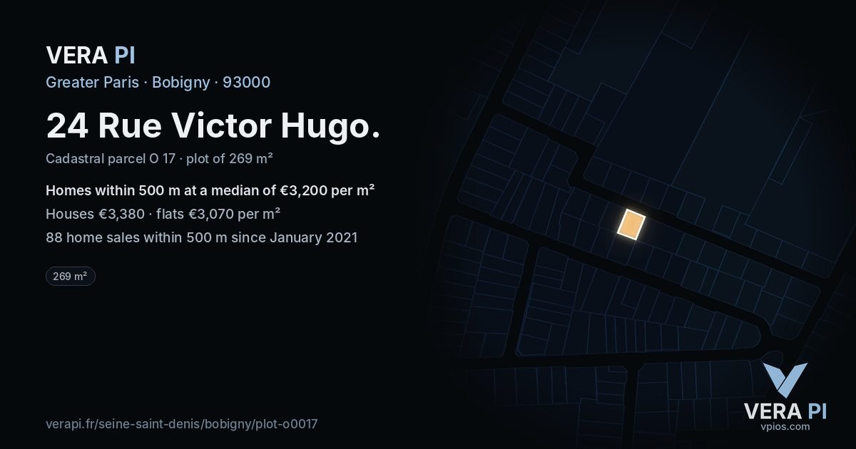 24 Rue Victor Hugo, Bobigny at night – the plot lit, the parcels around coloured by the prices near them