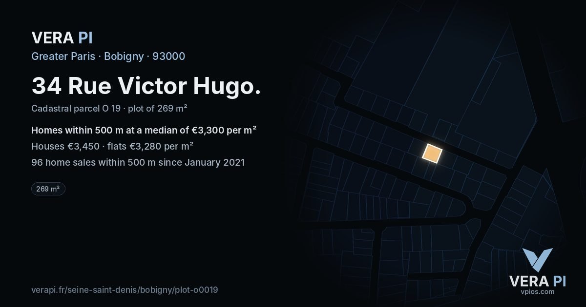 34 Rue Victor Hugo, Bobigny at night – the plot lit, the parcels around coloured by the prices near them