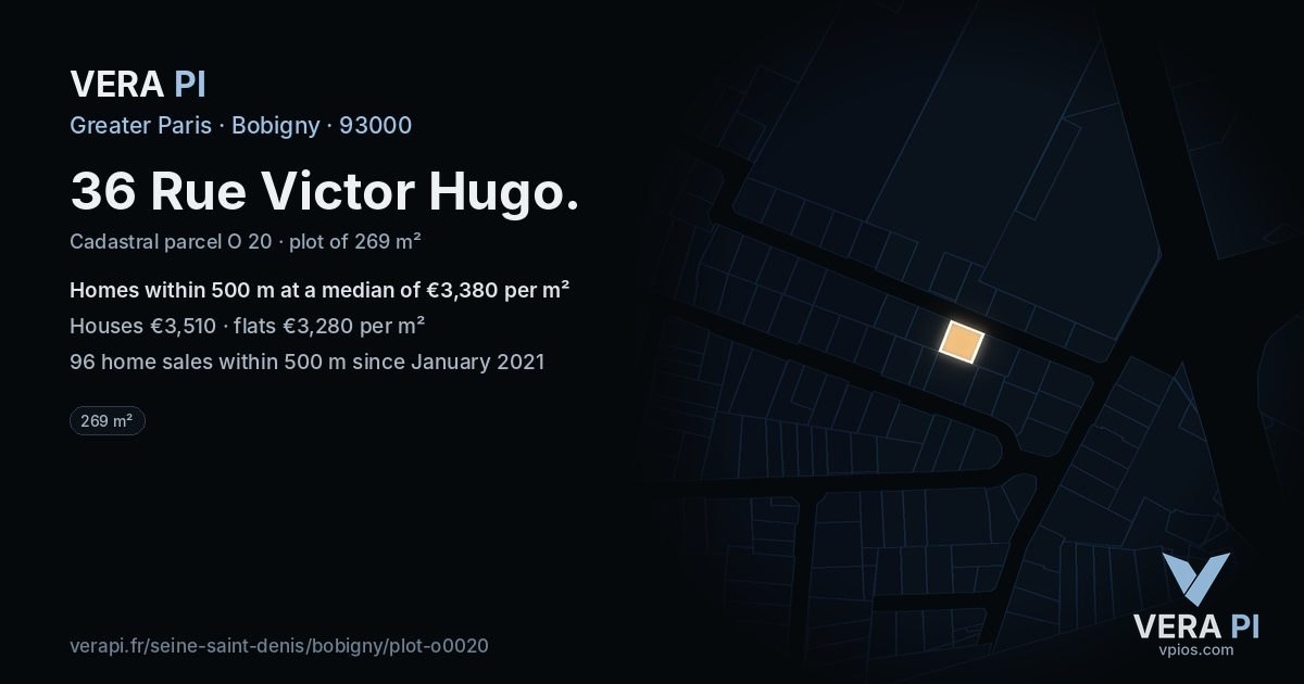 36 Rue Victor Hugo, Bobigny at night – the plot lit, the parcels around coloured by the prices near them
