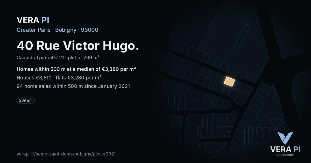 40 Rue Victor Hugo, Bobigny at night – the plot lit, the parcels around coloured by the prices near them