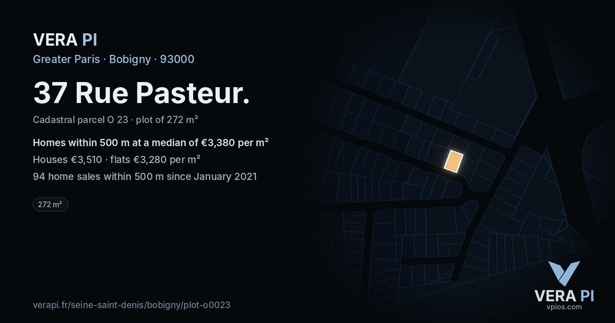 37 Rue Pasteur, Bobigny at night – the plot lit, the parcels around coloured by the prices near them