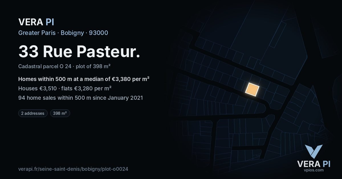 33 Rue Pasteur, Bobigny at night – the plot lit, the parcels around coloured by the prices near them