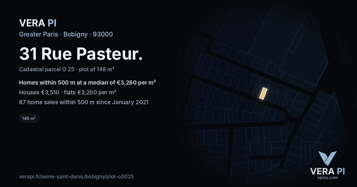 31 Rue Pasteur, Bobigny at night – the plot lit, the parcels around coloured by the prices near them