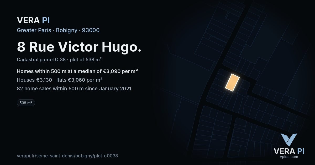 8 Rue Victor Hugo, Bobigny at night – the plot lit, the parcels around coloured by the prices near them