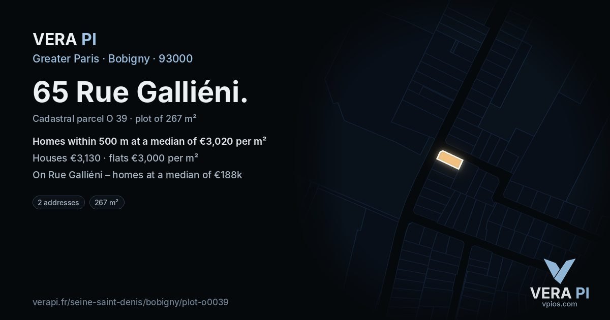 65 Rue Galliéni, Bobigny at night – the plot lit, the parcels around coloured by the prices near them