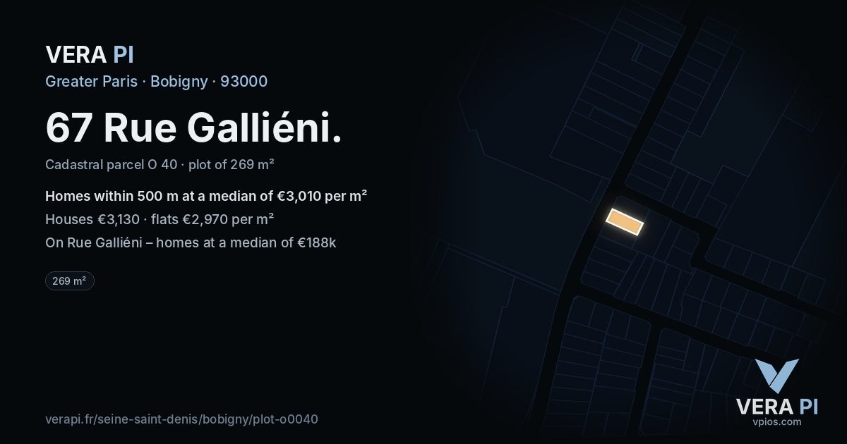 67 Rue Galliéni, Bobigny at night – the plot lit, the parcels around coloured by the prices near them