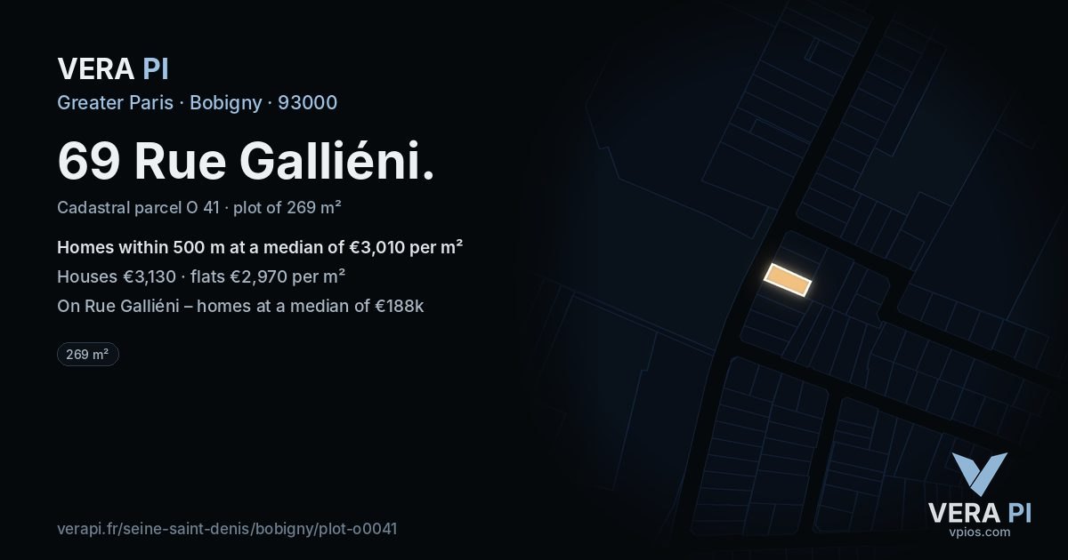 69 Rue Galliéni, Bobigny at night – the plot lit, the parcels around coloured by the prices near them