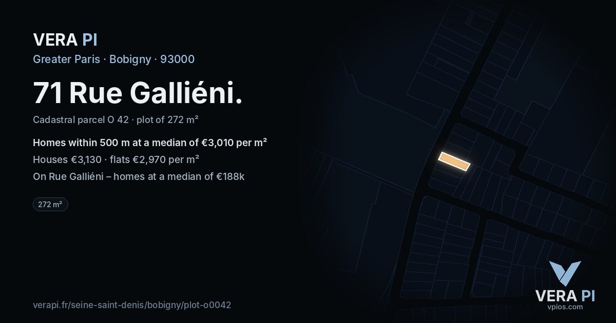 71 Rue Galliéni, Bobigny at night – the plot lit, the parcels around coloured by the prices near them