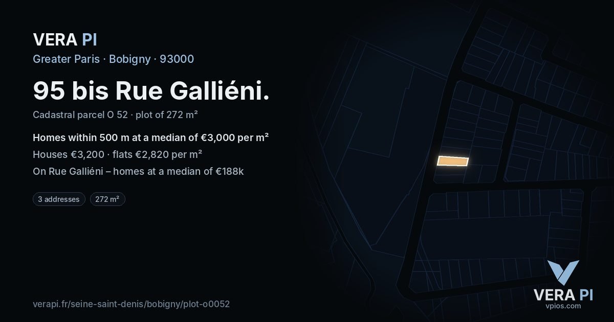 95 bis Rue Galliéni, Bobigny at night – the plot lit, the parcels around coloured by the prices near them