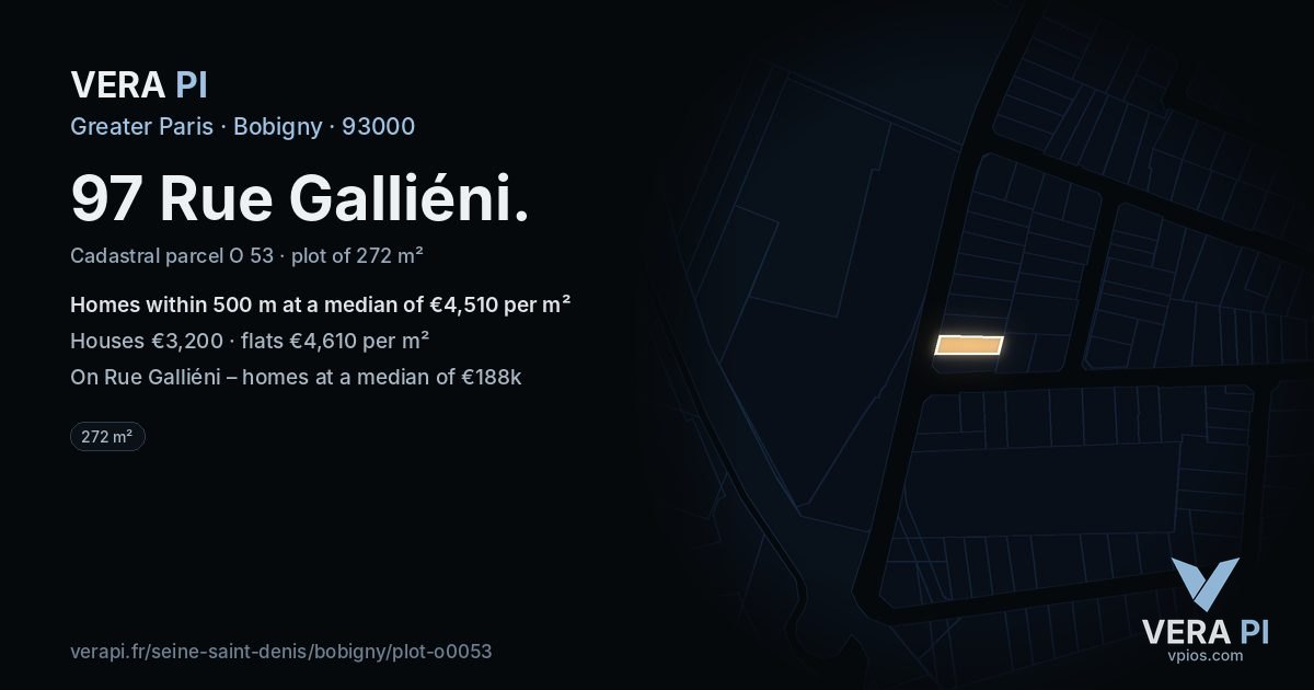 97 Rue Galliéni, Bobigny at night – the plot lit, the parcels around coloured by the prices near them