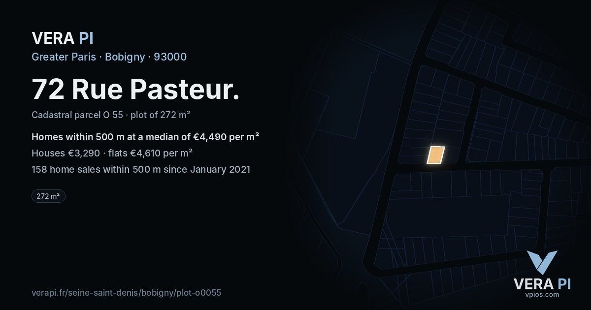 72 Rue Pasteur, Bobigny at night – the plot lit, the parcels around coloured by the prices near them