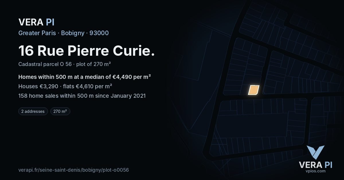16 Rue Pierre Curie, Bobigny at night – the plot lit, the parcels around coloured by the prices near them