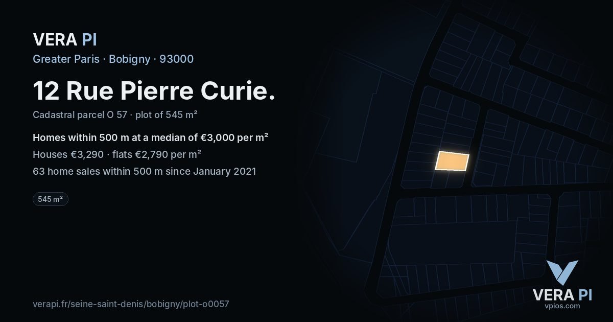 12 Rue Pierre Curie, Bobigny at night – the plot lit, the parcels around coloured by the prices near them