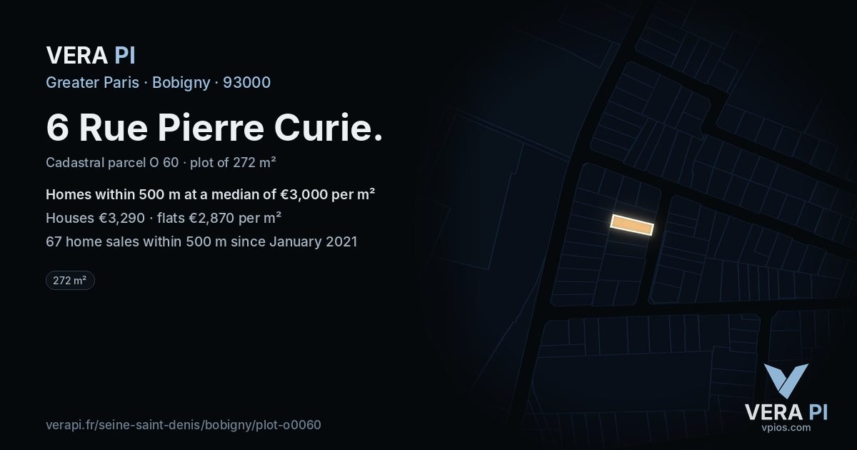 6 Rue Pierre Curie, Bobigny at night – the plot lit, the parcels around coloured by the prices near them