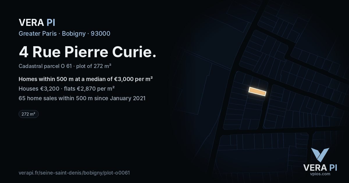 4 Rue Pierre Curie, Bobigny at night – the plot lit, the parcels around coloured by the prices near them