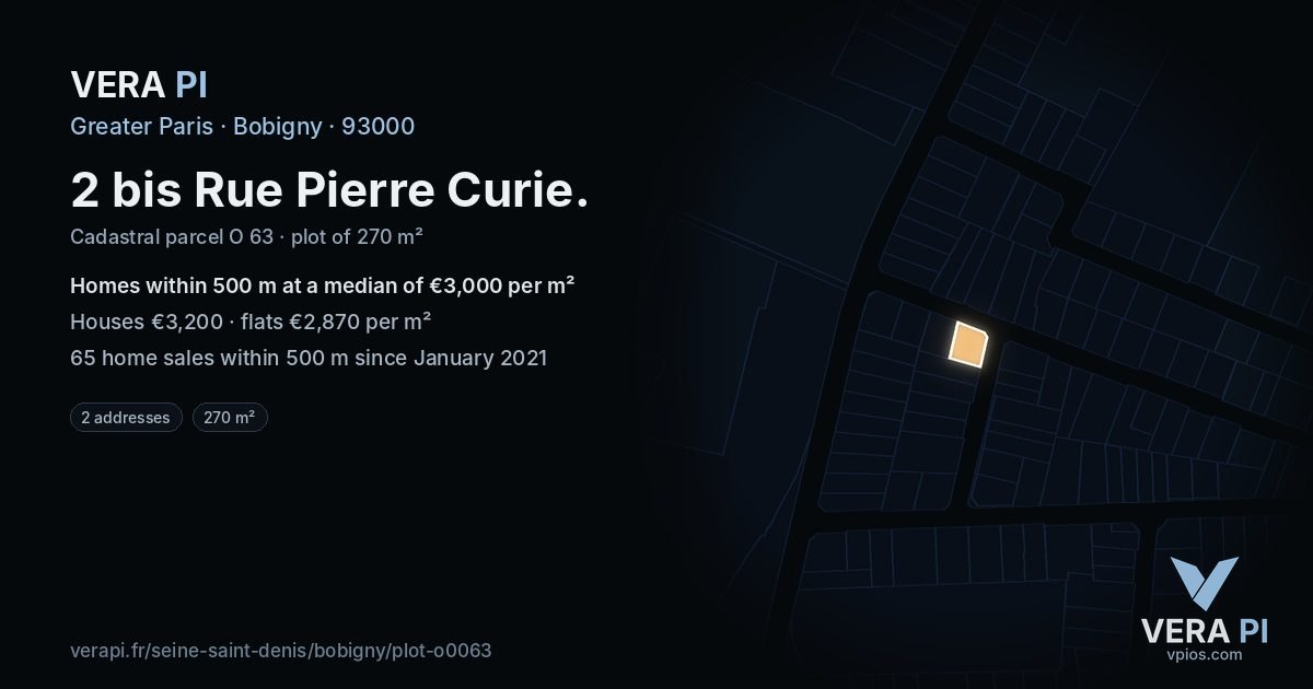 2 bis Rue Pierre Curie, Bobigny at night – the plot lit, the parcels around coloured by the prices near them