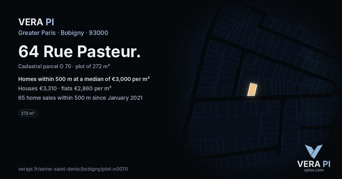 64 Rue Pasteur, Bobigny at night – the plot lit, the parcels around coloured by the prices near them