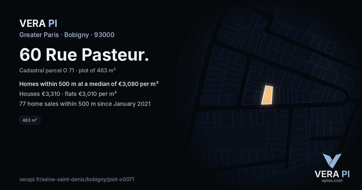 60 Rue Pasteur, Bobigny at night – the plot lit, the parcels around coloured by the prices near them