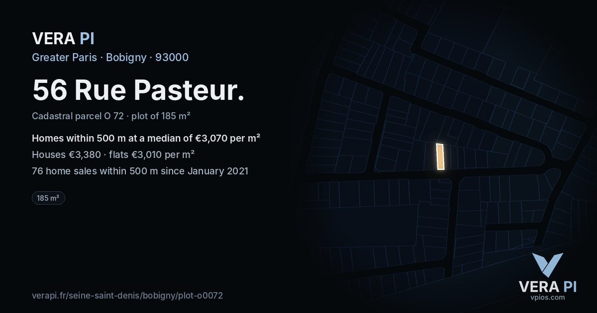 56 Rue Pasteur, Bobigny at night – the plot lit, the parcels around coloured by the prices near them