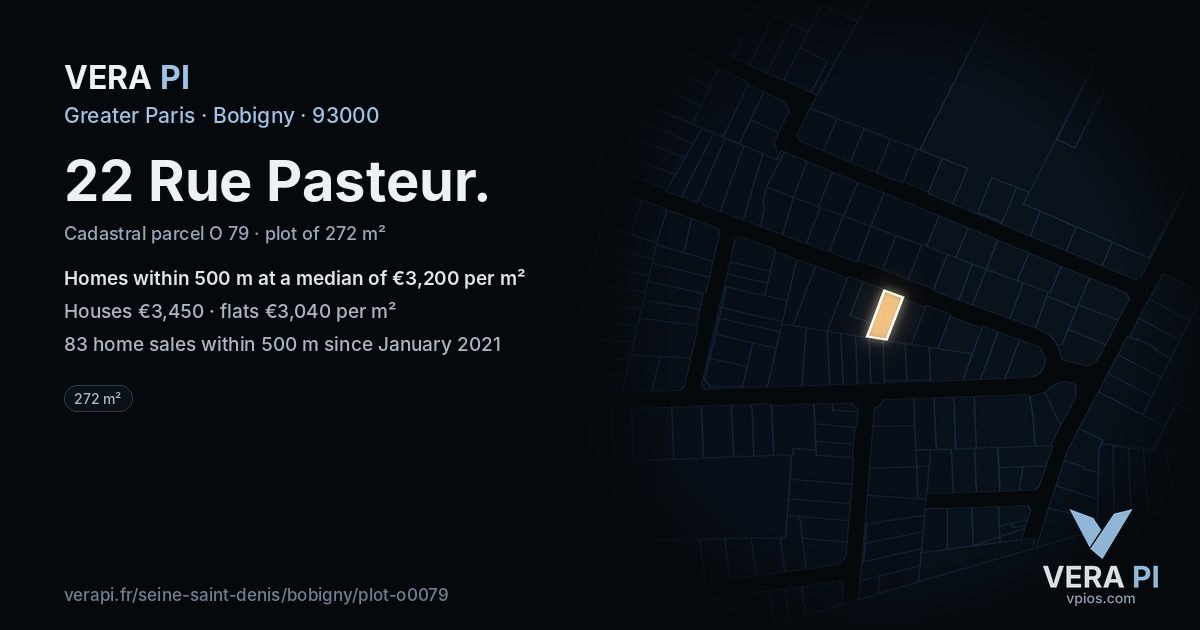 22 Rue Pasteur, Bobigny at night – the plot lit, the parcels around coloured by the prices near them