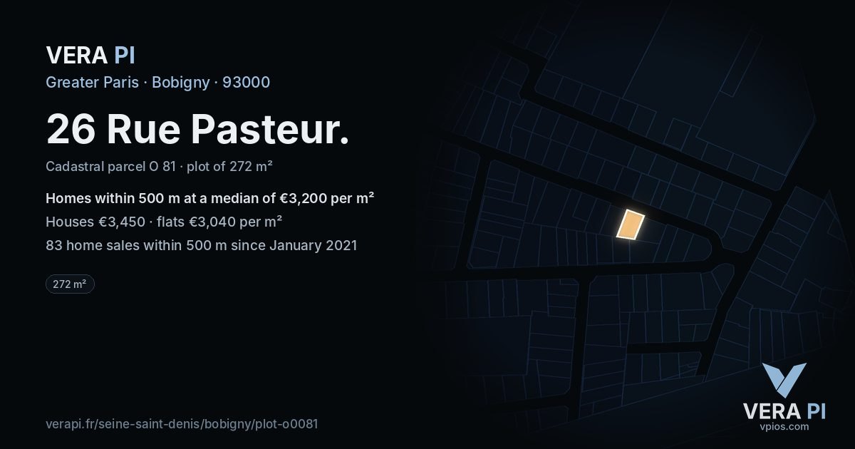 26 Rue Pasteur, Bobigny at night – the plot lit, the parcels around coloured by the prices near them