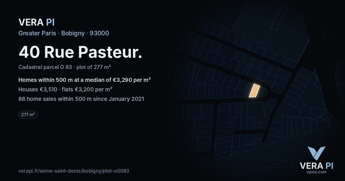 40 Rue Pasteur, Bobigny at night – the plot lit, the parcels around coloured by the prices near them
