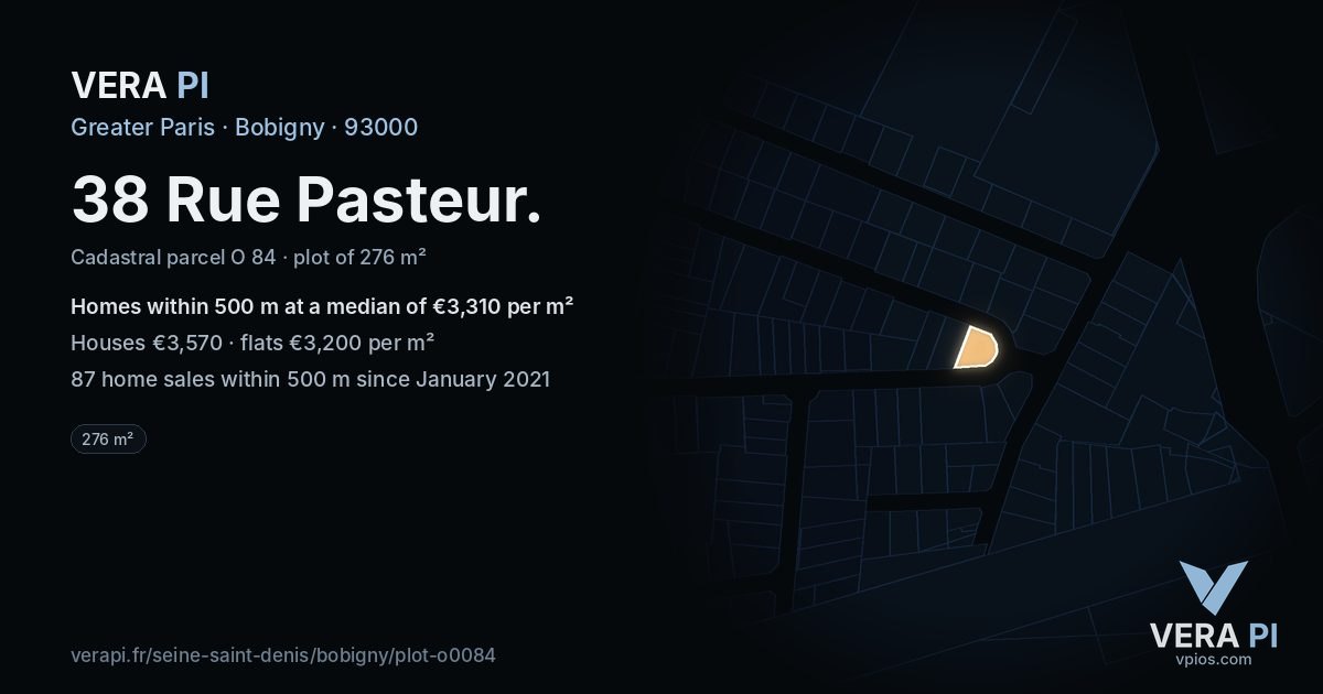 38 Rue Pasteur, Bobigny at night – the plot lit, the parcels around coloured by the prices near them