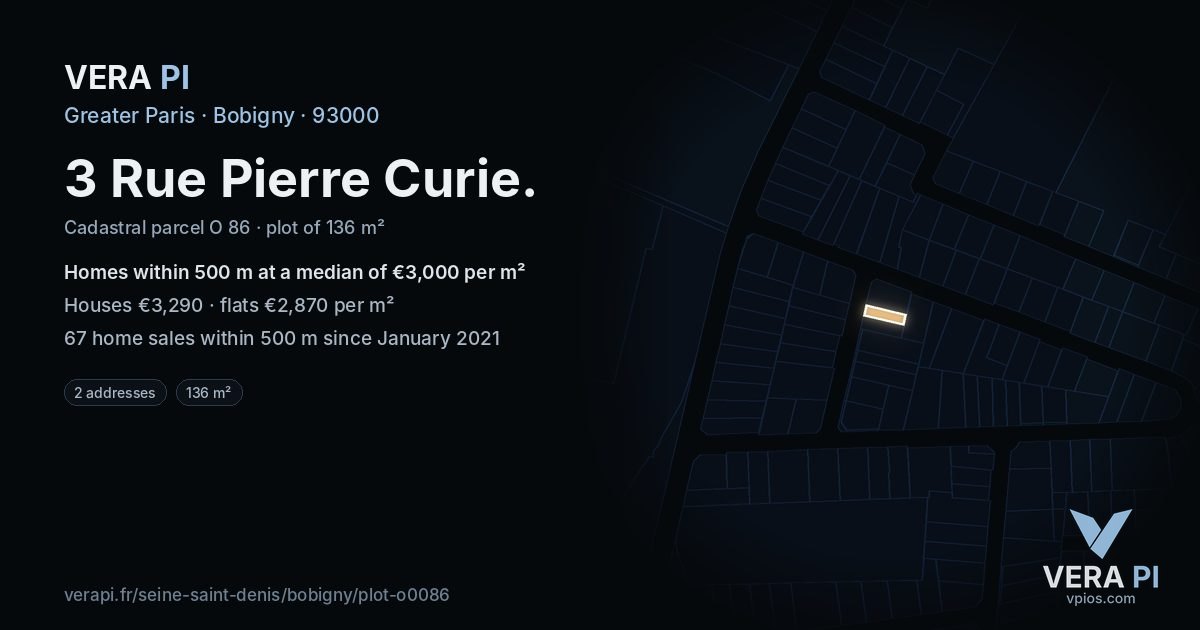 3 Rue Pierre Curie, Bobigny at night – the plot lit, the parcels around coloured by the prices near them