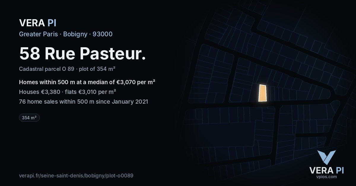 58 Rue Pasteur, Bobigny at night – the plot lit, the parcels around coloured by the prices near them