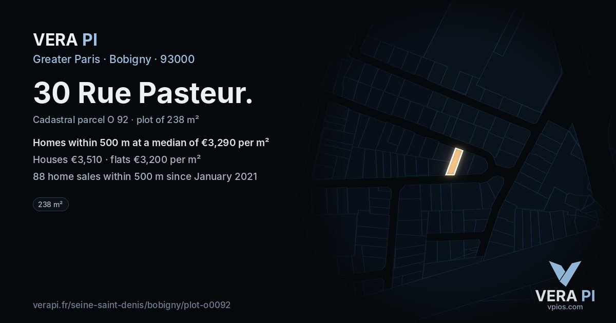 30 Rue Pasteur, Bobigny at night – the plot lit, the parcels around coloured by the prices near them