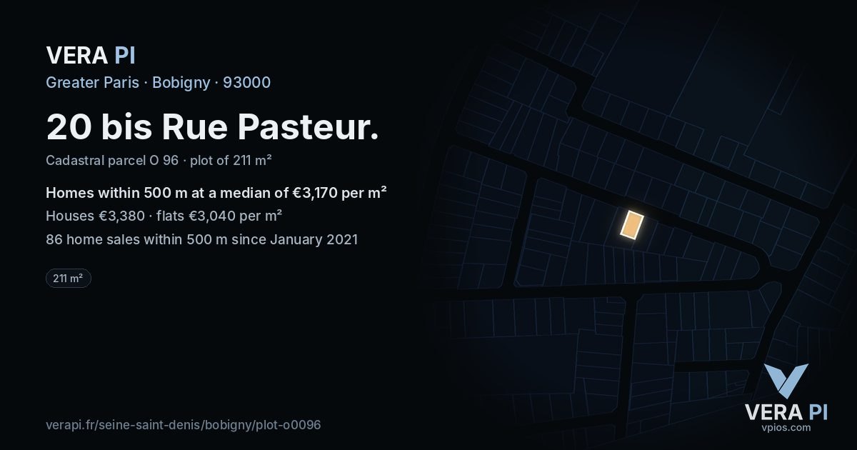 20 bis Rue Pasteur, Bobigny at night – the plot lit, the parcels around coloured by the prices near them