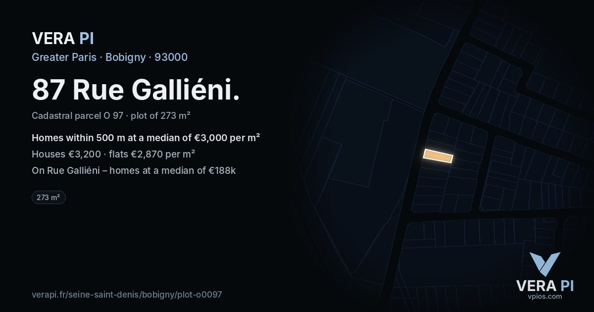 87 Rue Galliéni, Bobigny at night – the plot lit, the parcels around coloured by the prices near them