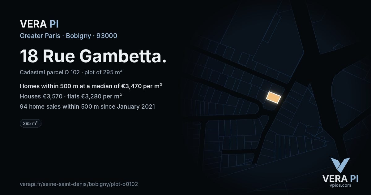 18 Rue Gambetta, Bobigny at night – the plot lit, the parcels around coloured by the prices near them