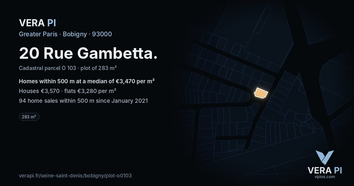 20 Rue Gambetta, Bobigny at night – the plot lit, the parcels around coloured by the prices near them