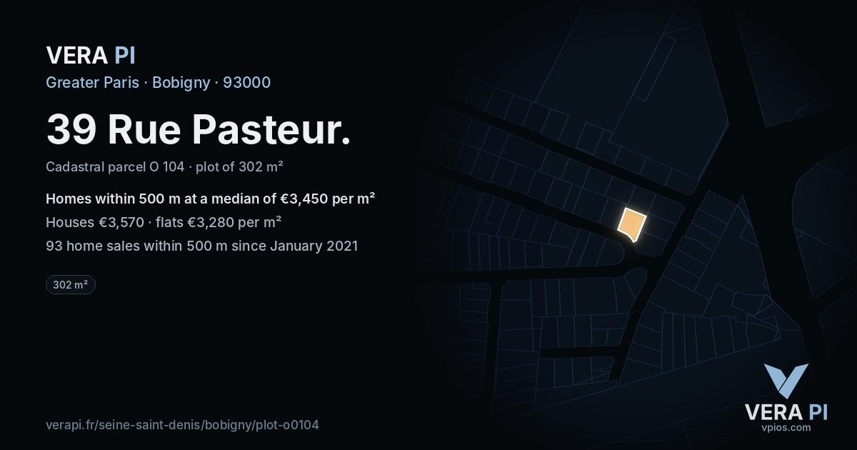 39 Rue Pasteur, Bobigny at night – the plot lit, the parcels around coloured by the prices near them