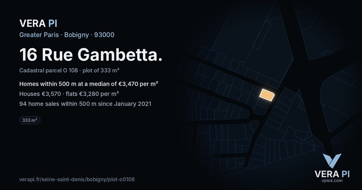 16 Rue Gambetta, Bobigny at night – the plot lit, the parcels around coloured by the prices near them