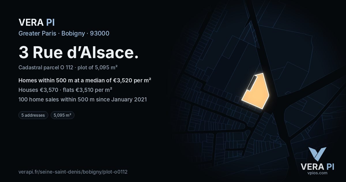 3 Rue d’Alsace, Bobigny at night – the plot lit, the parcels around coloured by the prices near them