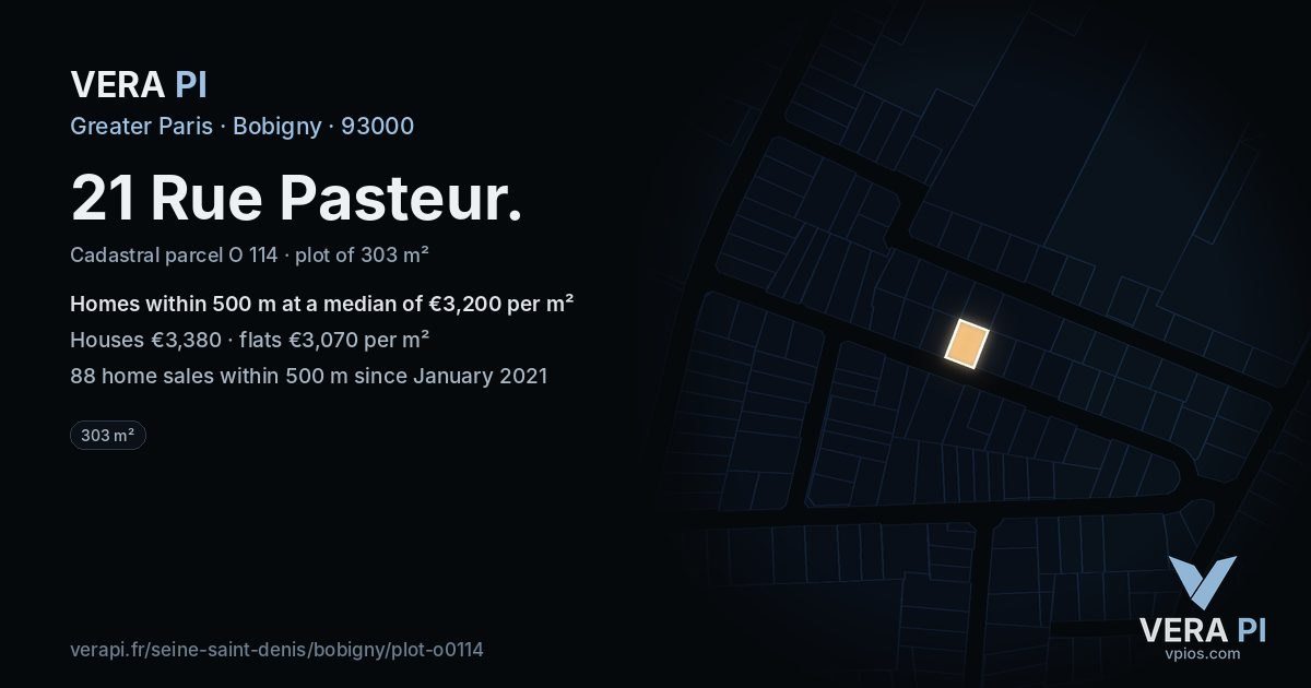 21 Rue Pasteur, Bobigny at night – the plot lit, the parcels around coloured by the prices near them