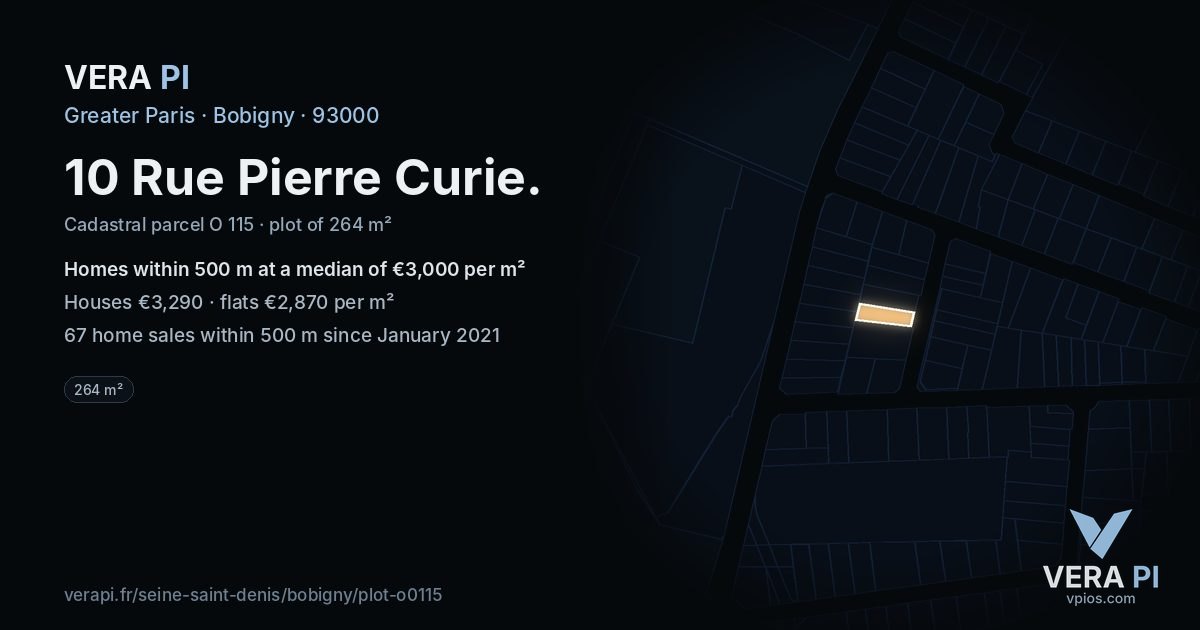 10 Rue Pierre Curie, Bobigny at night – the plot lit, the parcels around coloured by the prices near them