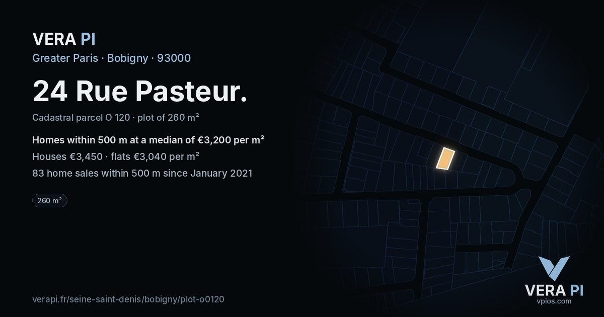 24 Rue Pasteur, Bobigny at night – the plot lit, the parcels around coloured by the prices near them