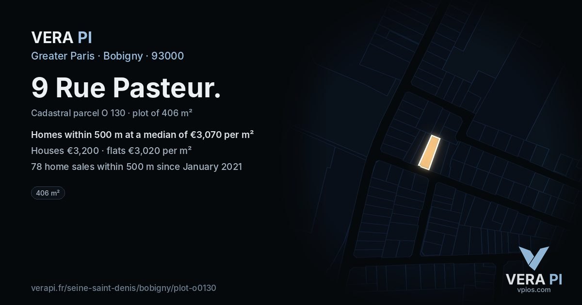 9 Rue Pasteur, Bobigny at night – the plot lit, the parcels around coloured by the prices near them