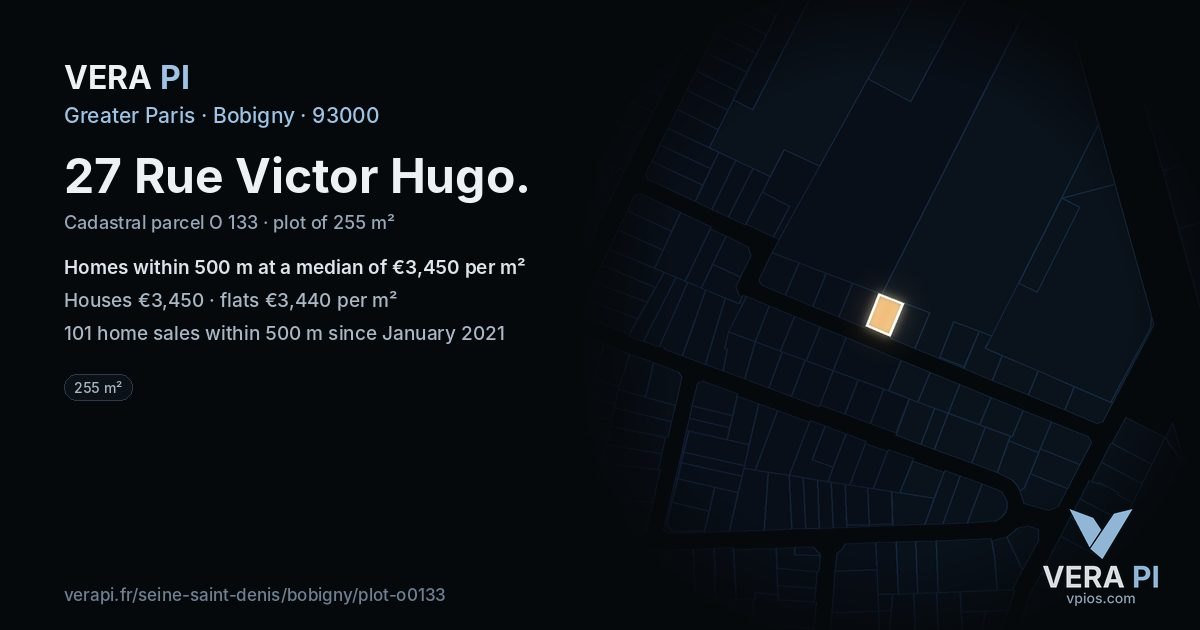 27 Rue Victor Hugo, Bobigny at night – the plot lit, the parcels around coloured by the prices near them