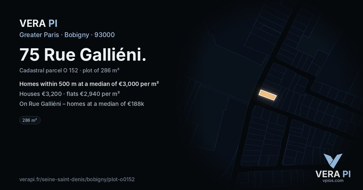 75 Rue Galliéni, Bobigny at night – the plot lit, the parcels around coloured by the prices near them