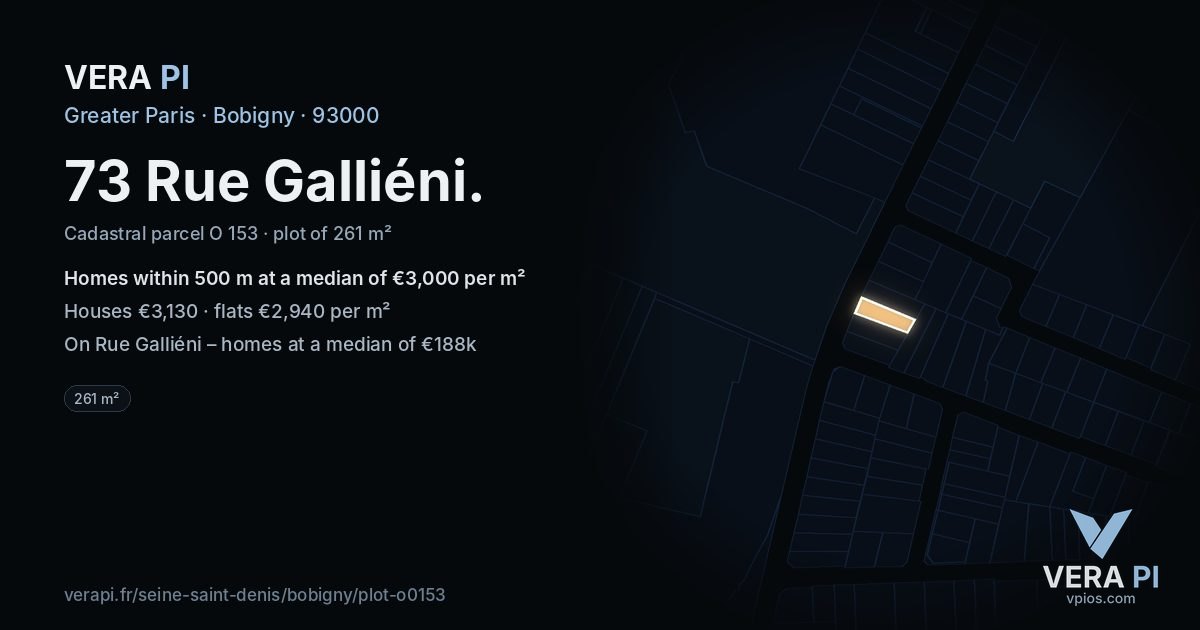 73 Rue Galliéni, Bobigny at night – the plot lit, the parcels around coloured by the prices near them