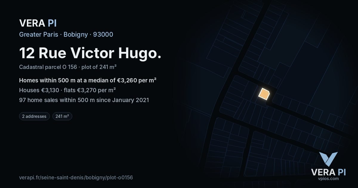 12 Rue Victor Hugo, Bobigny at night – the plot lit, the parcels around coloured by the prices near them