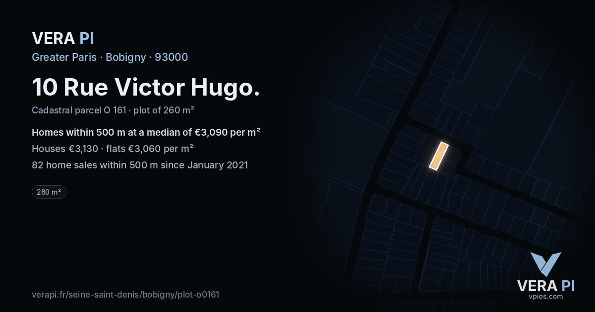 10 Rue Victor Hugo, Bobigny at night – the plot lit, the parcels around coloured by the prices near them