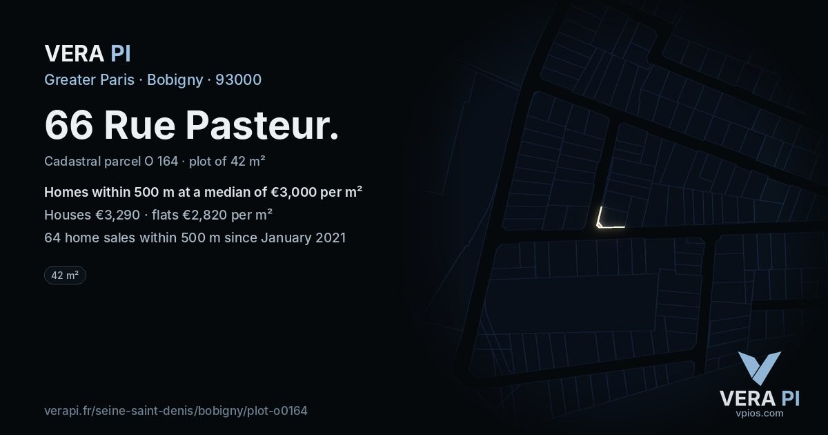 66 Rue Pasteur, Bobigny at night – the plot lit, the parcels around coloured by the prices near them