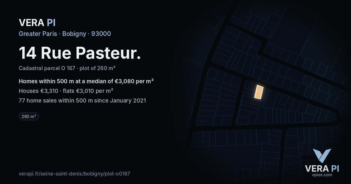 14 Rue Pasteur, Bobigny at night – the plot lit, the parcels around coloured by the prices near them